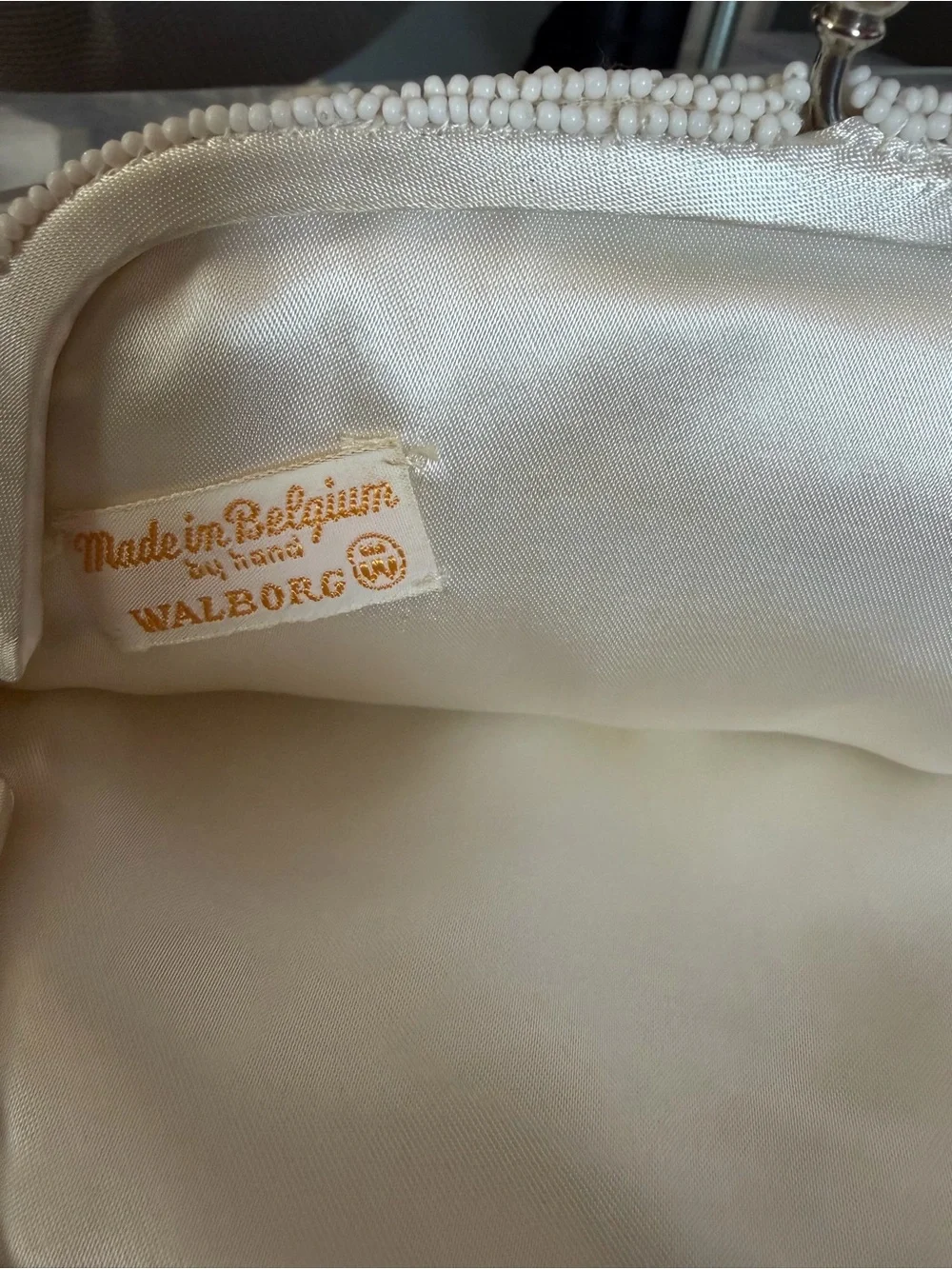 Vintage Walborg Hand Made Pearl-Embellished White Beaded Evening Clutch